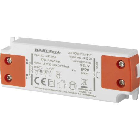 Basetech LD-12-20 Transformateur pour LED à tension constante 20 W 1.66 A homologué pour les meubles, surtention, monta