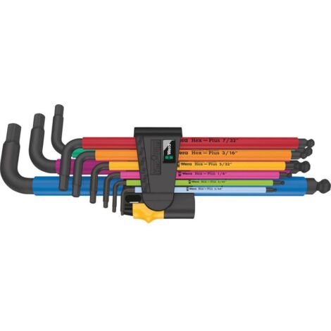 Wera – Jeu de clés mâles coudées 9 pièces – Hex-Plus 1/4, 3/16, 1/8 pouces – Gaine plastique pour confort – Pour vis à six pans creux (1/7)