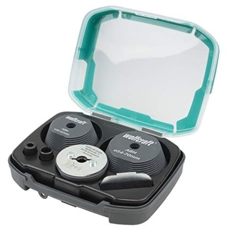 Wolfcraft – Aide au perçage 5953000 – Set de 7 pièces – Pour perçage de 35 à 70 mm – Corps en plastique de haute qualité – Accessoires en acier