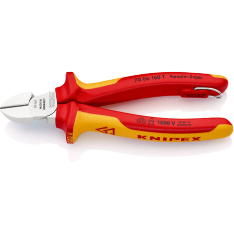 KNIPEX 70 06 160 T Pince coupante de côté isolées avec gaines bi-matière, homologuées VDE avec œillet de fixation isolé intégré pour fixation d'un dispositif antichute chromée 160 mm
