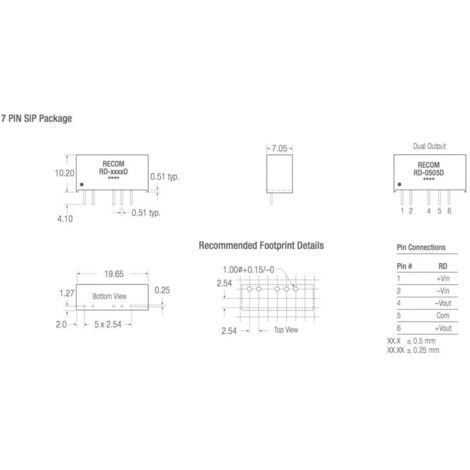 Convertisseur CC/CC pour circuits imprimés RECOM RD-2412D Nbr. de sorties: 2 x 24 V/DC 12 V/DC, -12 V/DC 84 mA 2 W 1 pc
