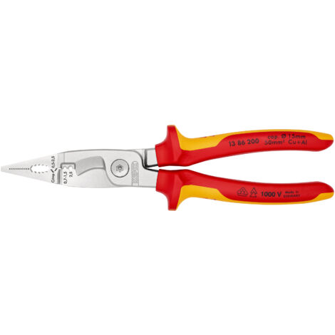 KNIPEX 13 86 200 Pince pour installations électriques isolées par gaines bi-matière, certifiées VDE chromée 200 mm