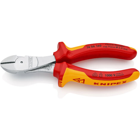 KNIPEX 74 06 160 Pince coupante de côté à forte démultiplication isolées par gaines bi-matière, certifiées VDE chromée 160 mm