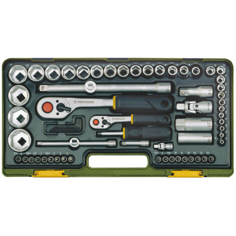 Proxxon – Coffret cliquet et douilles 65 pièces – Acier chrome-vanadium – Douilles 4 à 34 mm – Embouts pour bougies 16 et 21 mm – Ergonomique pour espaces restreints (1/5)