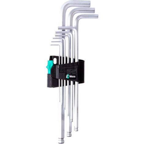 Kit cles males coudees WERA 9 pieces, 6 pans avec tete spherique, chrome 1,5-10mm