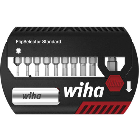 Wiha Jeu d'embouts FlipSelector Standard 25 mm, six pans femelle lot de 11 1/4", jeu d'embouts à support magnétique universel en pratique coffret, ouverture sur simple pression d'une touche (1/4)