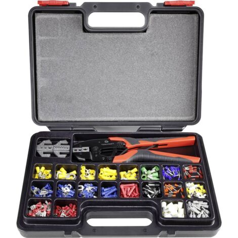 Toolcraft – Pince à sertir cosse 439 pièces – Matrices interchangeables pour cosses isolées et fiches plates – Mécanisme à cliquet – Manche bi-matière