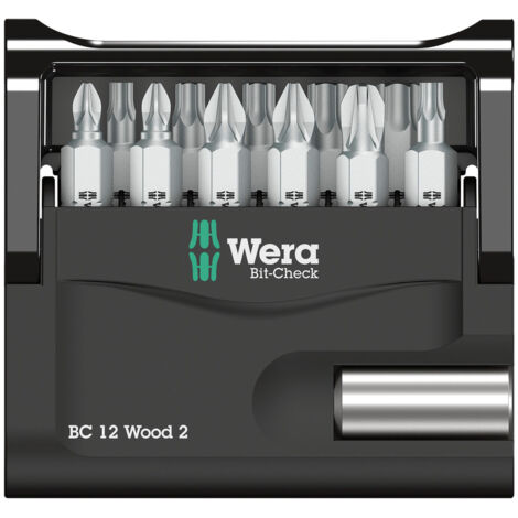Wera Bit-Check 12 Wood 2 05057422001 Jeu d'embouts 12 pièces vis Pozidriv, cruciforme Phillips, Profil en T intérieur
