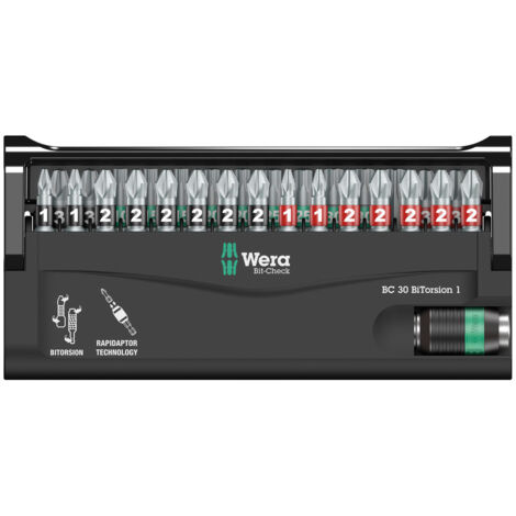 Wera – Kit embouts de vissage 30 pièces – Embouts BiTorsion pour métal et tôle – Porte-embout Rapidaptor avec mandrin à changement rapide