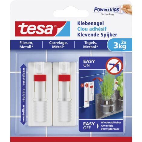 Tesa – Clou adhésif ajustable blanc – Lot de 2 – Force de maintien 3 kg – Pour surfaces lisses et rigides – Technologie Powerstrips® - W680901