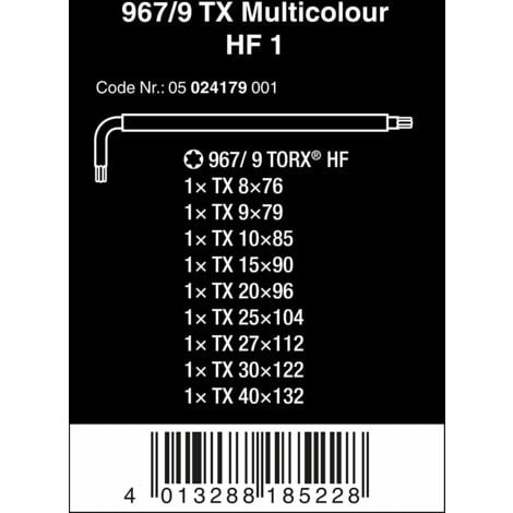 Wera Multicolour TORX® intérieur Jeu de clés mâles coudées T 8, T 9, T 10, T 15, T 20, T 25, T 27, T 30, T 40 9 pièces
