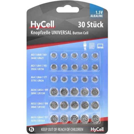 HyCell Jeu de piles bouton 5X AG 1, AG 3, AG 4, AG 10, AG 12