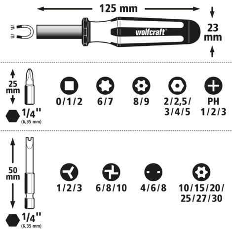 wolfcraft - Coffret d'Embouts de Vissage et Tournevis à Main - Embouts de 25 à 50 mm - 31 pièces - réf. 1386000