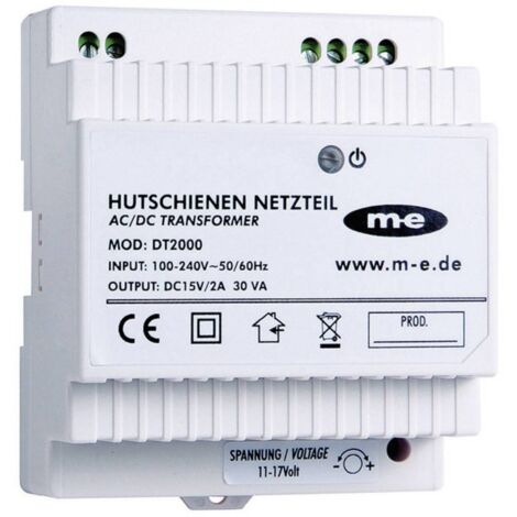 Alimentation pour interphone rail DIN 15 V/2 A – Tension réglable 11-17 V – Dimensions 77 x 97 x 56 mm – Couleur blanc – M-E Modern-Electronics (1/3)