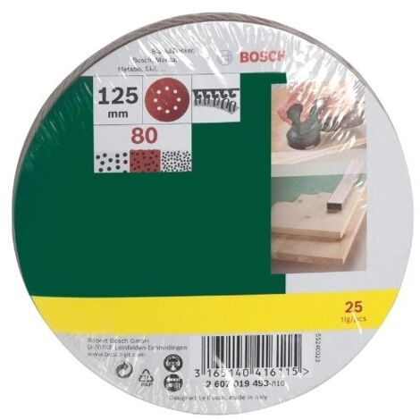 Bosch – Feuilles abrasives 2607019493 pour ponceuse excentrique – Grain 80/125 mm – Lot de 25 pièces – Pour bois dur et teck