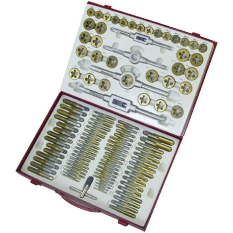 Holzmann – Coffret de 110 pièces tarauds et filières à fileter métrique TIN – Dimensions M2 à M18 – Pour métal et bois dur – Prétranchant principal