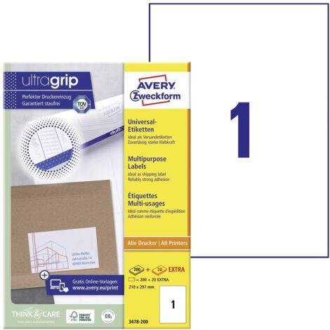 Avery-Zweckform 3478-200 Etiquette universelles 210 x 297 mm papier blanc 200 pc(s) fixation permanente imprimante lase (1/4)
