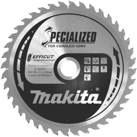 Makita – Lame de scie circulaire 165 mm E12223 – 40 dents pour bois dur – Angle de denture 15° – Vitesse de coupe 250% plus rapide (1/5)