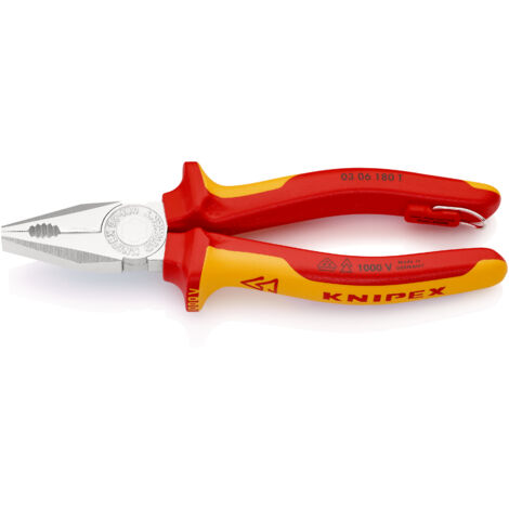 KNIPEX 03 06 180 T Pince universelle isolées avec gaines bi-matière, homologuées VDE  avec œillet de fixation isolé intégré pour fixation d'un dispositif antichute chromée 180 mm