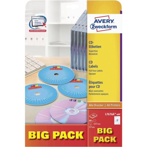 Avery-Zweckform L7676A-40P Etiquette pour CD Ø 117 mm papier blanc 80 pc(s) fixation permanente imprimante laser couleu (1/3)