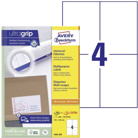 Avery-Zweckform 3483-200 Etiquette universelles 105 x 148 mm papier blanc 880 pc(s) fixation permanente imprimante à je (1/4)
