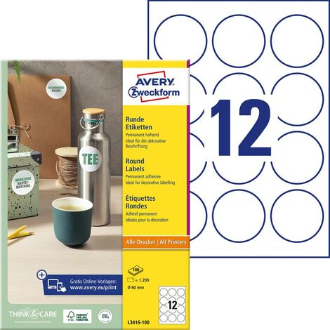 Etiquette universelles, Pastilles Avery-Zweckform L3416-100 Ø 60 mm papier  blanc 1200 pc(s) permanente