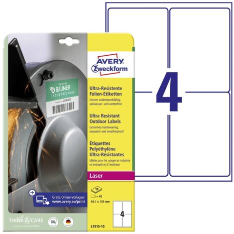 Etiquette plastique Avery-Zweckform L7915-10 99.1 x 139 mm film de polyéthylène blanc 40 pc(s) fixation permanente (1/4)