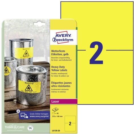 Etiquette plastique Avery-Zweckform L6130-20 210 x 148 mm film de polyester jaune 40 pc(s) fixation permanente (1/4)
