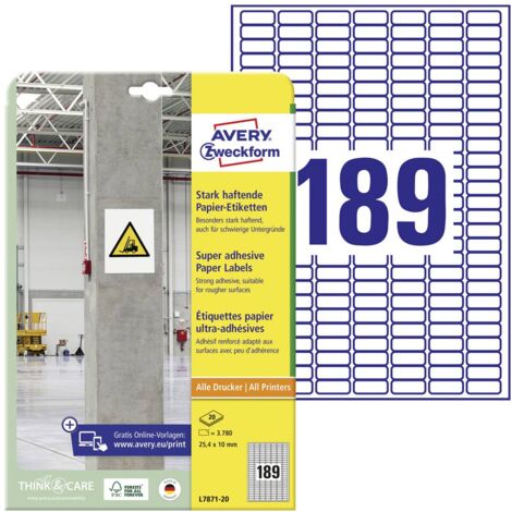 Etiquette ultra-adhésives Avery-Zweckform L7871-20 25.4 x 10 mm papier blanc 3780 pc(s) fixation permanente , fixation