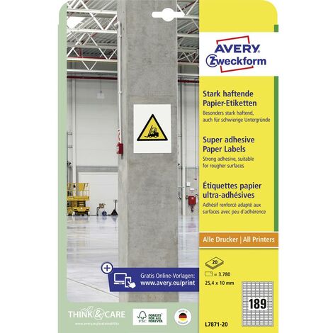Etiquette ultra-adhésives Avery-Zweckform L7871-20 25.4 x 10 mm papier blanc 3780 pc(s) fixation permanente , fixation