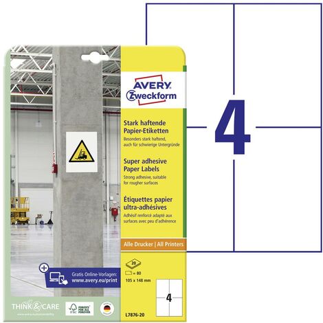 Etiquette ultra-adhésives Avery-Zweckform L7876-20 105 x 148 mm papier blanc 80 pc(s) fixation permanente , fixation fo