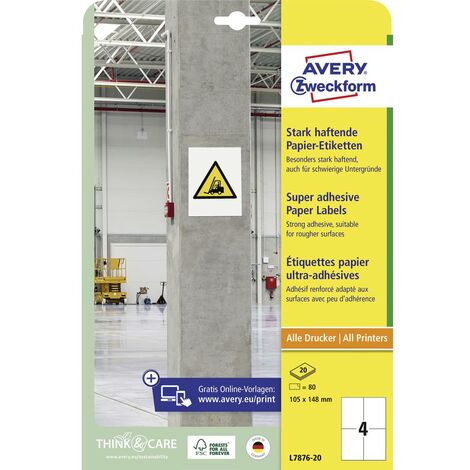 Etiquette ultra-adhésives Avery-Zweckform L7876-20 105 x 148 mm papier blanc 80 pc(s) fixation permanente , fixation fo