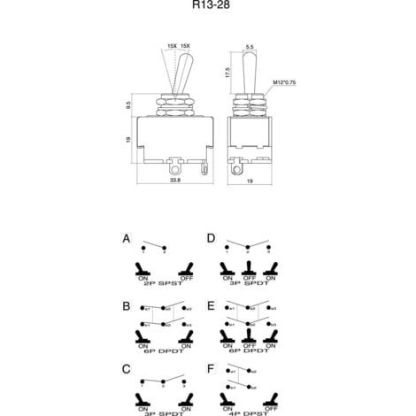 TRU COMPONENTS 1587676 TC-R13-28B-06 Interrupteur à levier 250 V/AC 10 A 2 x On/On à accrochage 1 pc(s)