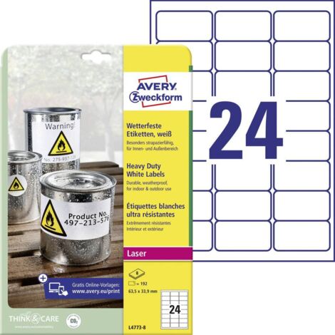 Etiquette plastique Avery-Zweckform L4773-8 63.5 x 33.9 mm film de polyester blanc 192 pc(s) fixation permanente