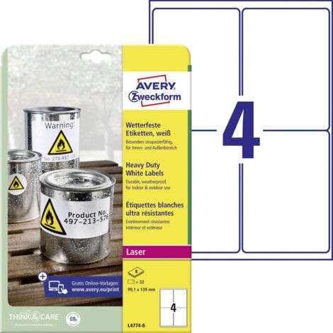 Etiquette plastique Avery-Zweckform L4774-8 99.1 x 139 mm film de polyester blanc 32 pc(s) fixation permanente (1/4)