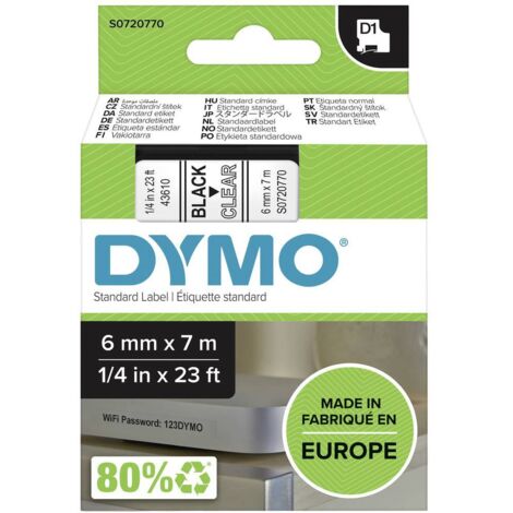 Ruban d'étiquetage DYMO D1 43610 Couleur de ruban: transparent Couleur de police:noir 6 mm 7 m