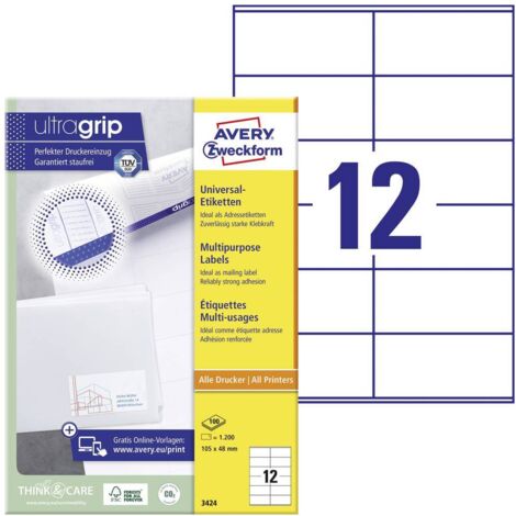 Avery-Zweckform 3424 Etiquette universelles 105 x 48 mm papier blanc 1200 pc(s) fixation permanente imprimante à jet d' (1/4)