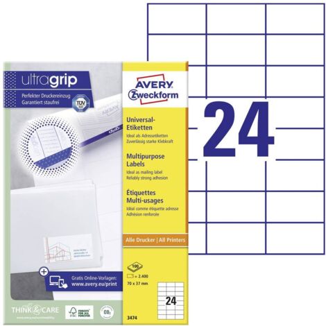 Avery-Zweckform 3474 Etiquette universelles 70 x 37 mm papier blanc 2400 pc(s) fixation permanente imprimante à jet d'e (1/4)