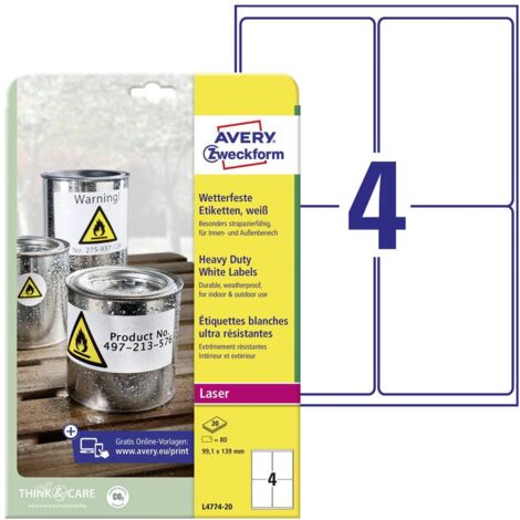 Etiquette plastique Avery-Zweckform L4774-20 99.1 x 139 mm film de polyester blanc 80 pc(s) fixation permanente (1/4)