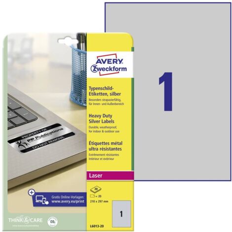 Avery-Zweckform L6013-20 Etiquette plaques signalétiques 210 x 297 mm film de polyester argent 20 pc(s) fixation perman (1/5)