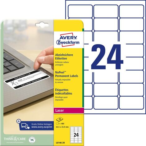 Etiquette de sécurité Avery-Zweckform L6146-20 63.5 x 33.9 mm film de polyester blanc 480 pc(s) fixation permanente