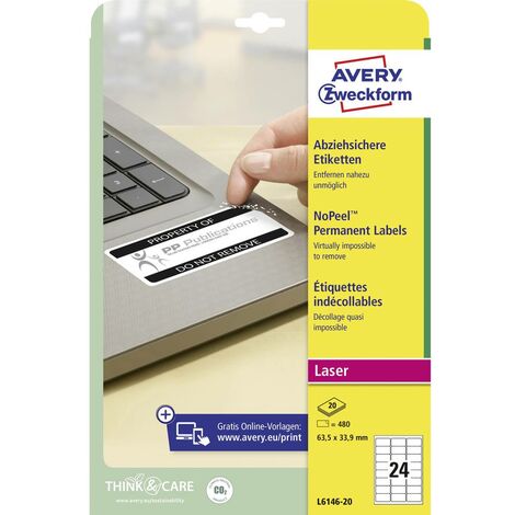 Etiquette de sécurité Avery-Zweckform L6146-20 63.5 x 33.9 mm film de polyester blanc 480 pc(s) fixation permanente