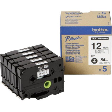 Brother HGe-231V5 Ruban d'étiquetage jeu de 5 Couleur de ruban: blanc Couleur de police: noir 12 mm 8 m (1/2)