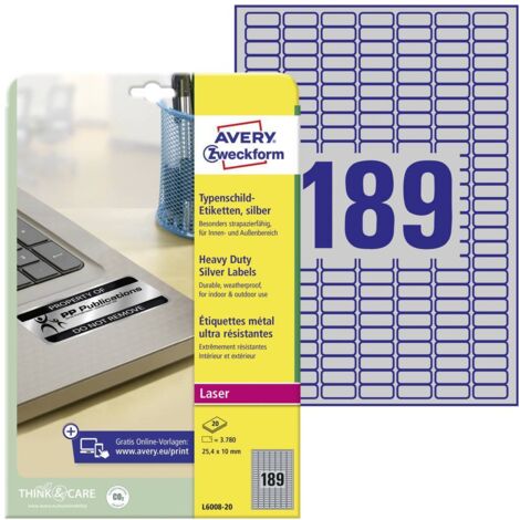 Avery-Zweckform L6008-20 Etiquette plaques signalétiques 25.4 x 10 mm film de polyester argent 3780 pc(s) fixation perm (1/4)