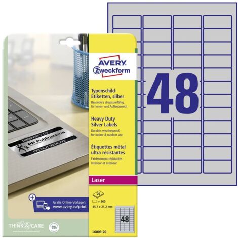 Avery-Zweckform L6009-20 Etiquette plaques signalétiques 45.7 x 21.2 mm film de polyester argent 960 pc(s) fixation per (1/4)