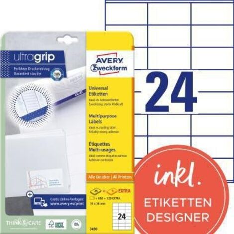 Avery-Zweckform 3490 Etiquette universelles 70 x 36 mm papier blanc 720 pc(s) fixation permanente imprimante à jet d'en (1/4)