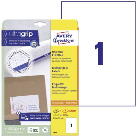 Avery-Zweckform 6119 Etiquette universelles 210 x 297 mm papier blanc 30 pc(s) fixation permanente imprimante à jet d'e (1/4)