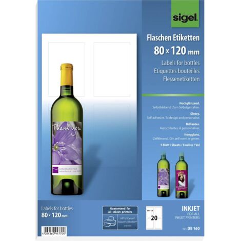 Sigel DE160 Etiquette pour bouteilles 80 x 120 mm papier blanc 20 pc(s) fixation permanente imprimante à jet d'encre