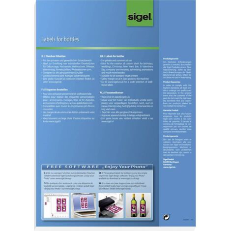 Sigel DE160 Etiquette pour bouteilles 80 x 120 mm papier blanc 20 pc(s) fixation permanente imprimante à jet d'encre