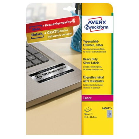 Avery-Zweckform L6009-8 Etiquette plaques signalétiques 45.7 x 21.2 mm film de polyester argent 384 pc(s) fixation perm (1/5)
